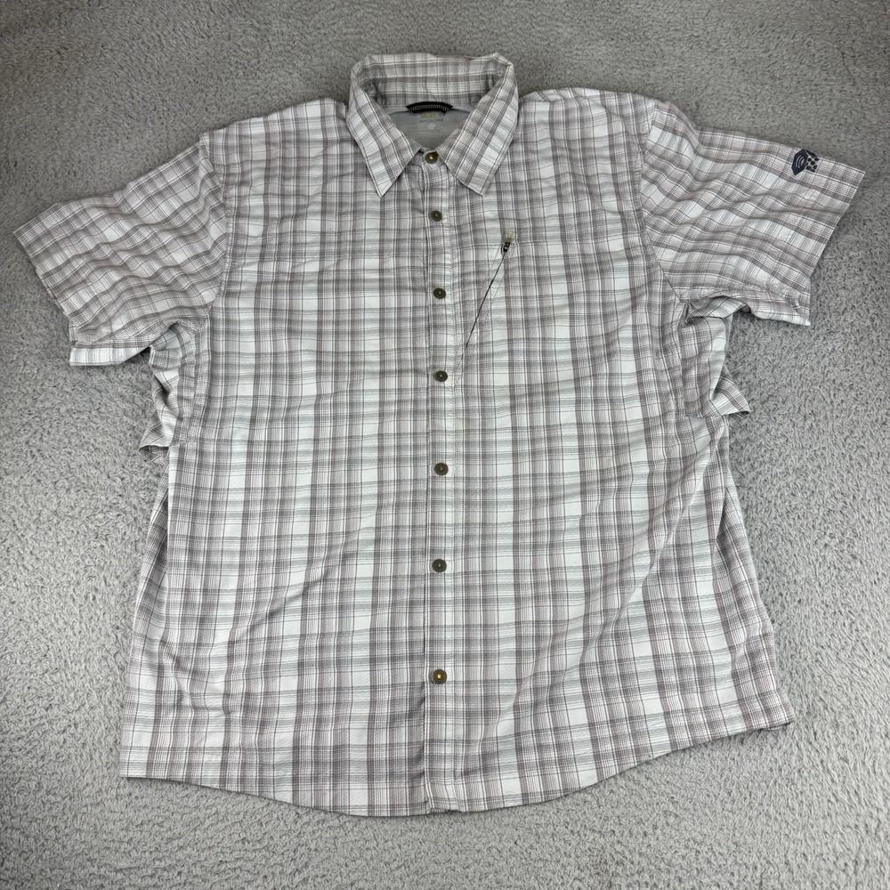 Mountain Hardwear Men Large Plaid Button Up Vented Shirt Gray Nylon Blend Hiking